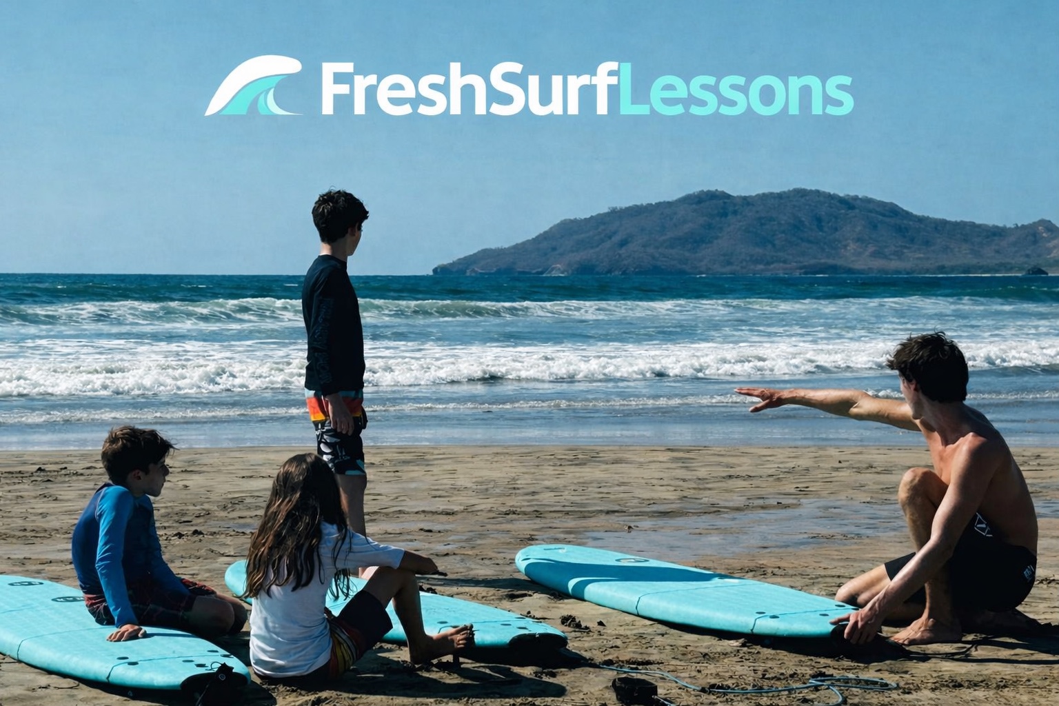 Fresh Surf Lessons instructor teaching students on the beach